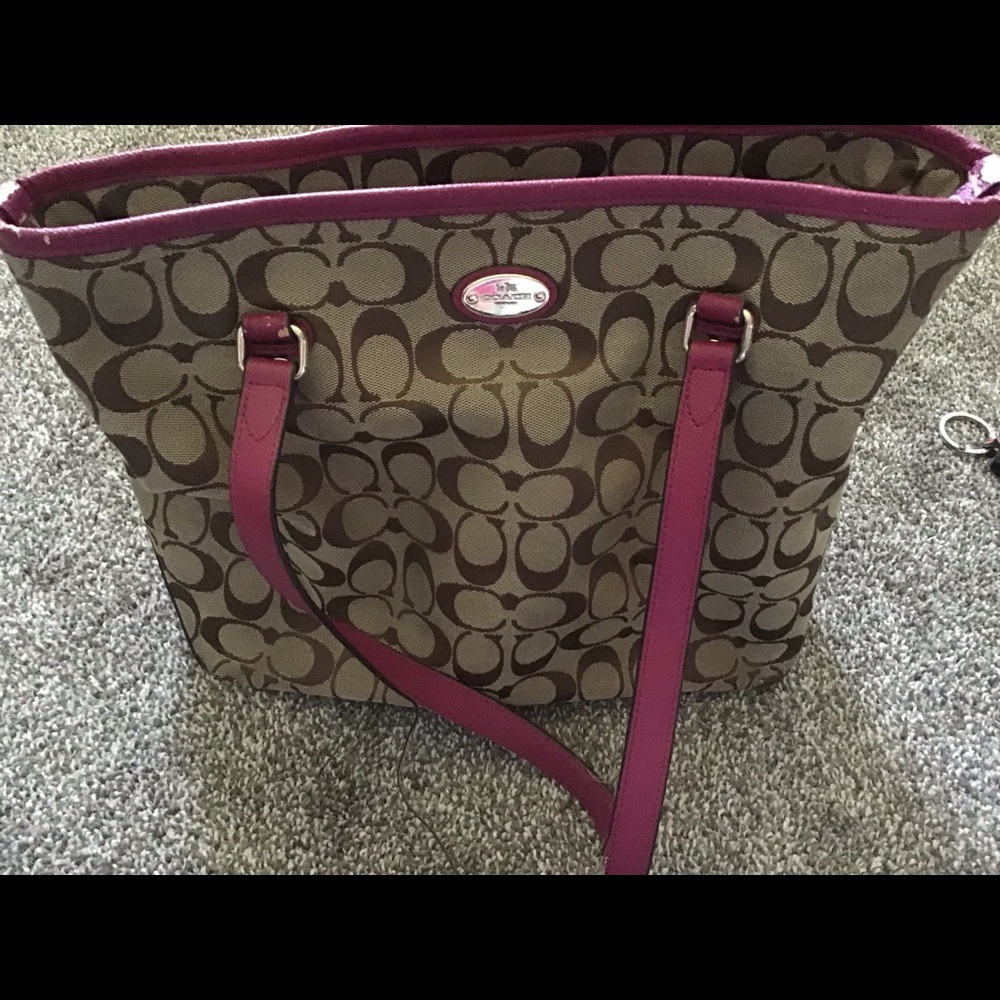 Magenta and tan fabric shoulder bag